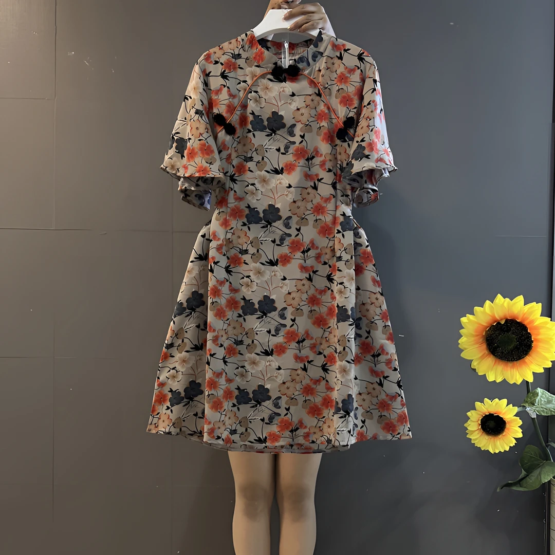 新中式改良版时尚印花喇叭袖收腰显瘦连衣裙