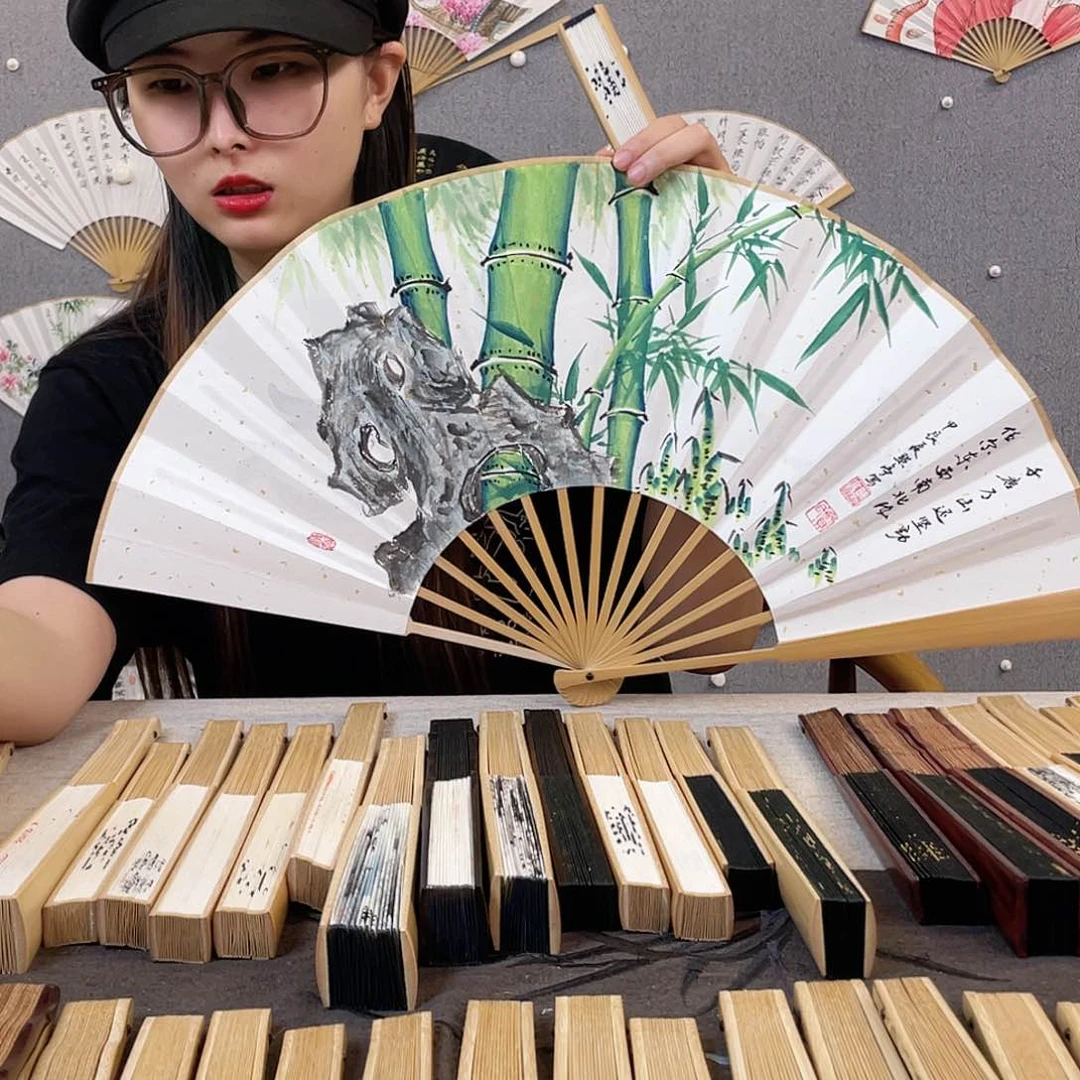 国画10寸玉竹-纯手绘-文玩扇骨（默认粘好）