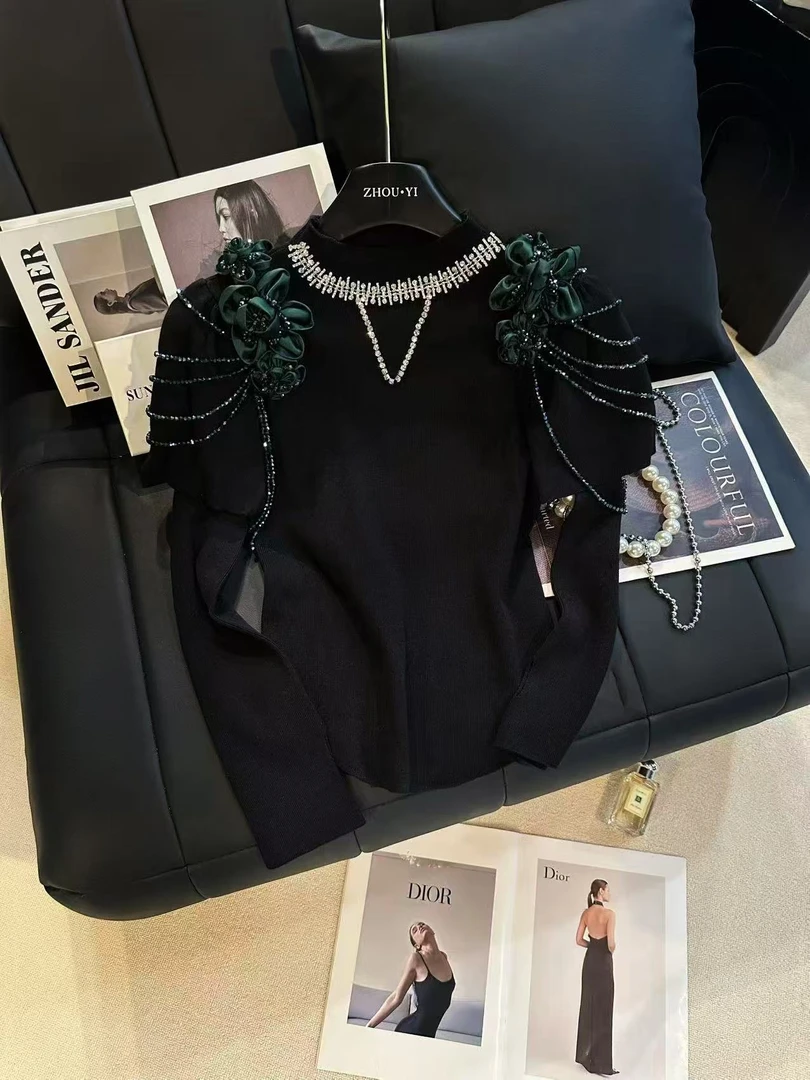 ZHOUYI/周一 早秋2025新款上衣重工钉珠圆领套袖女法式链条T恤