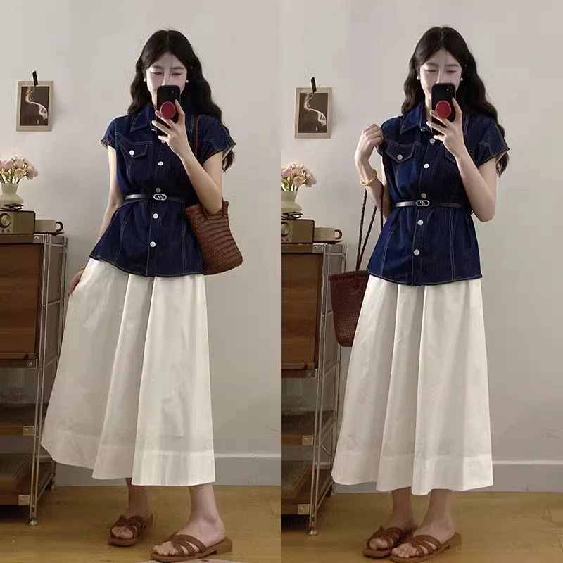 拉夏贝尔收腰短袖衬衫半身裙两件套2025夏新款法式气质牛仔套装女
