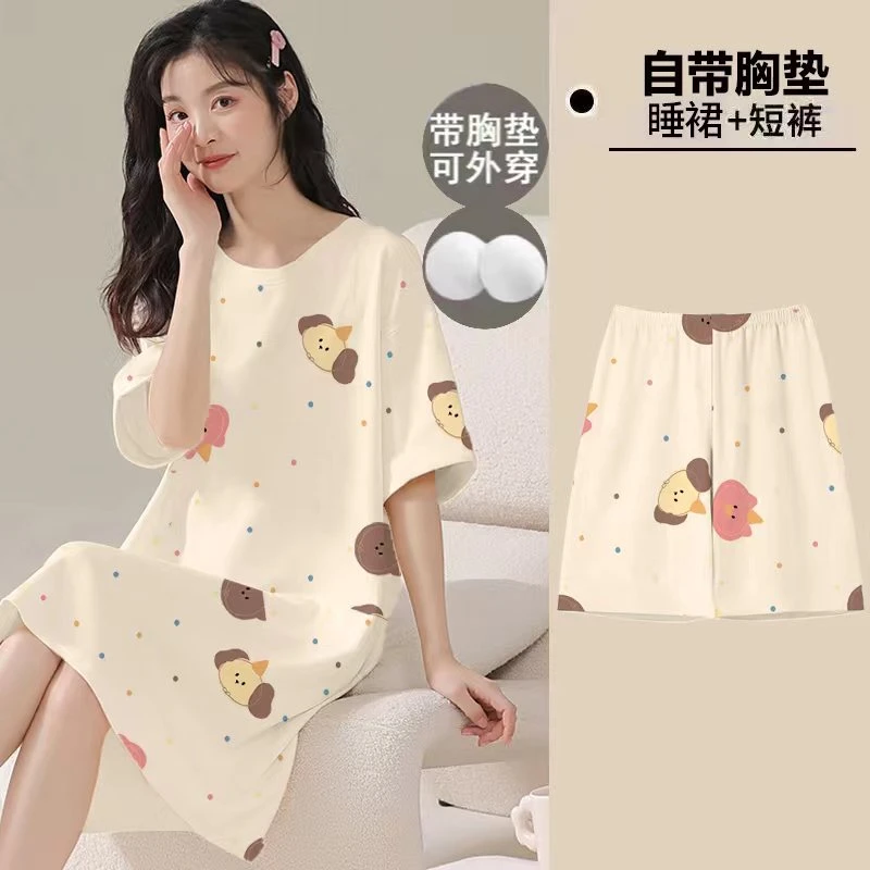 带胸垫睡裙薄款夏天短袖加短裤卡通韩版宽松胖mm可外穿睡衣裙