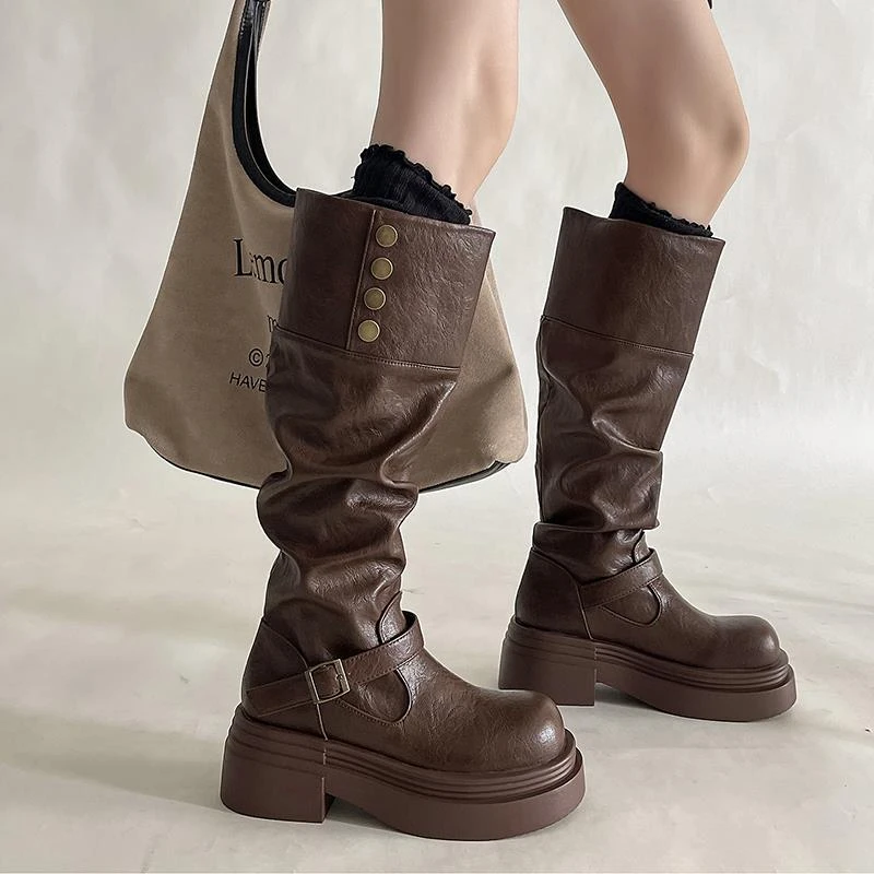 【JTG&SHOES 官方】西部牛仔废土风长高筒靴子女秋冬新款厚款堆堆靴