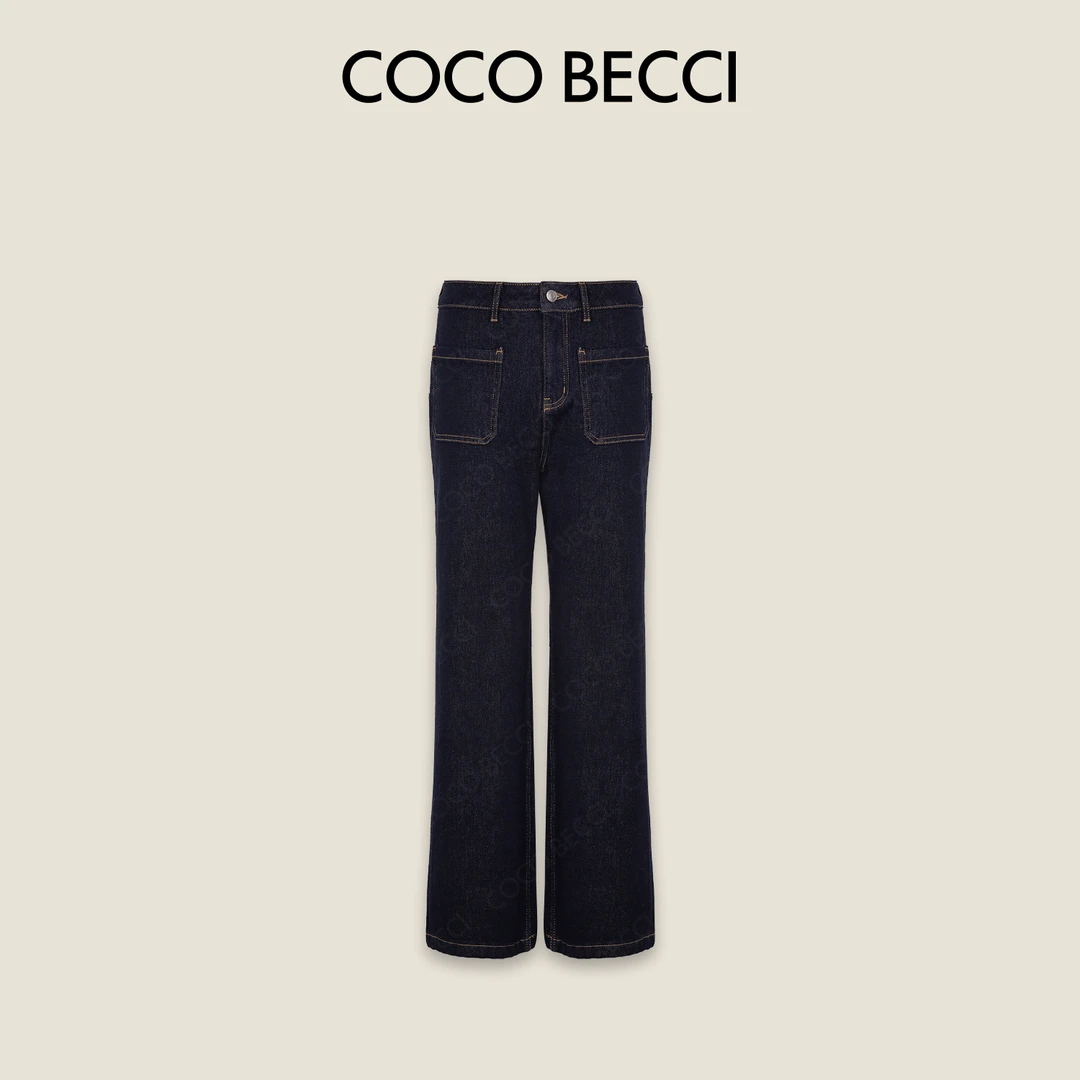 COCO BECCI【超模裤】复古口袋直筒高腰加绒加厚牛仔裤CFXYD162078