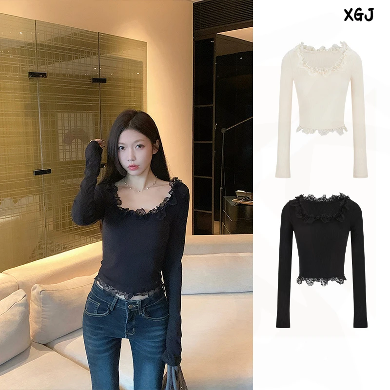 - 神祇少女纯欲蕾丝针织打底长袖T恤女秋季正肩修身上衣上衣百搭