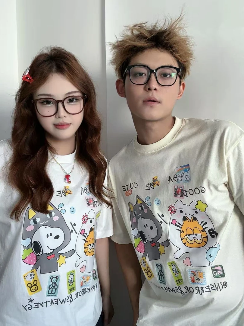 100%纯棉情侣款国潮复古美式卡通可爱短袖T恤