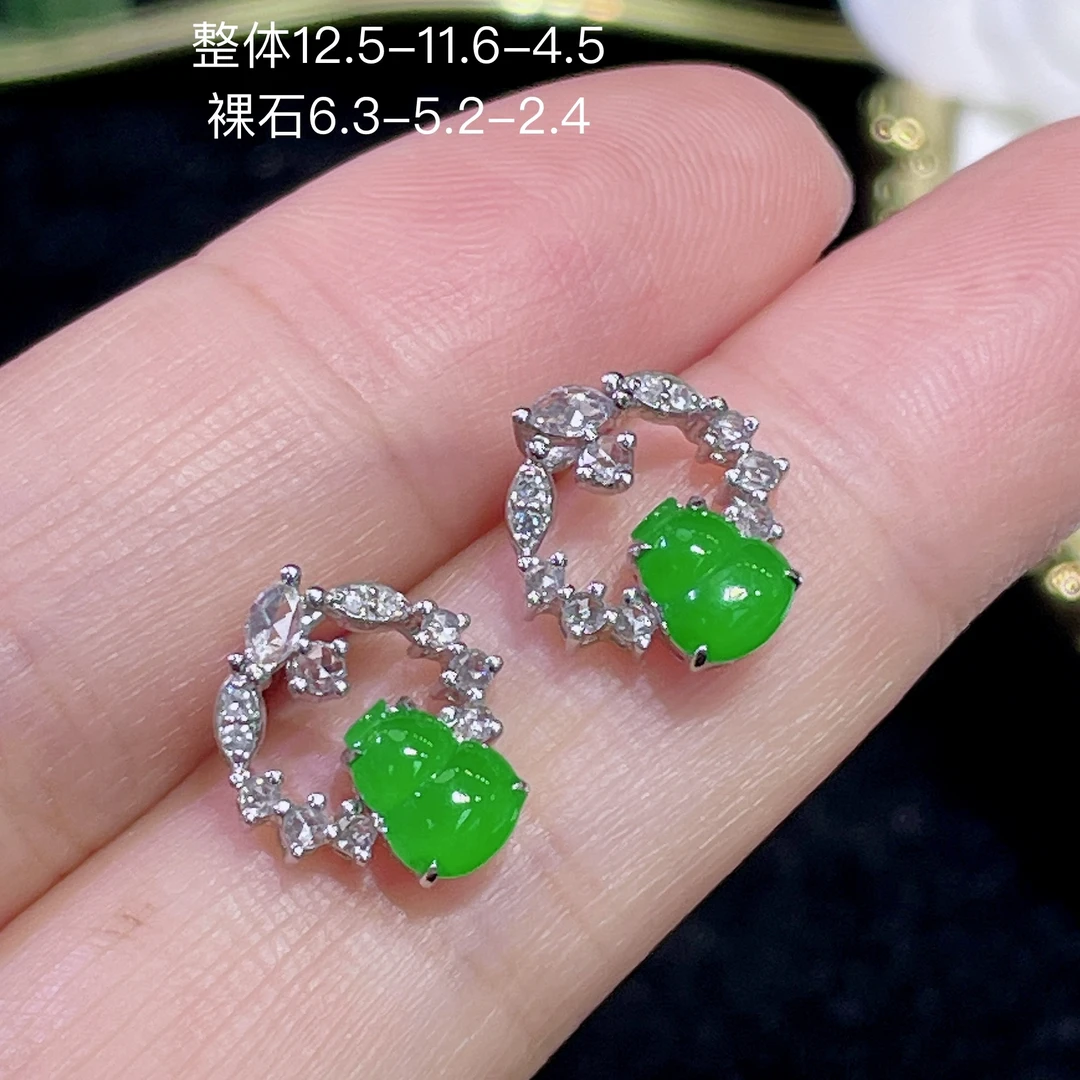 高端翡翠天然缅甸A货18k金镶嵌钻石阳绿色辣绿色满绿葫芦耳钉