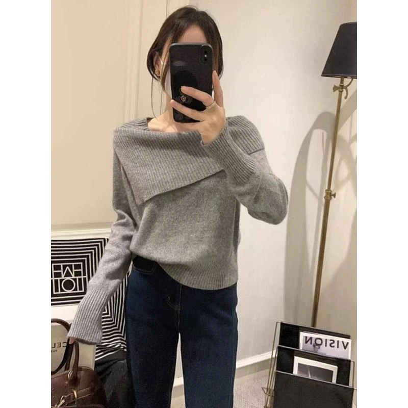 【饭饭】不规则一字领时尚韩版慵懒加厚长袖针织毛衣女秋冬新款