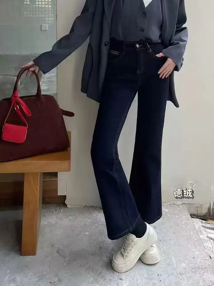 薇莎6209【现货防掉色】裤长93磨毛蓝色微喇牛仔裤