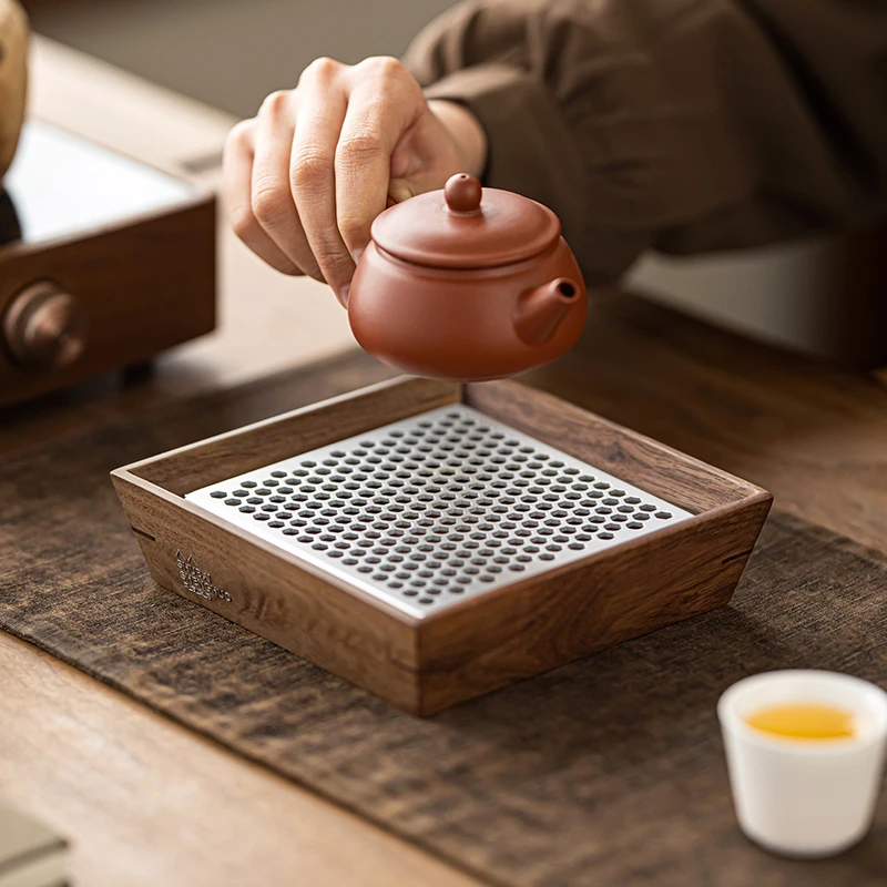（阿萌茶事）胡桃木铝合金茶盘（正方盘-小号）