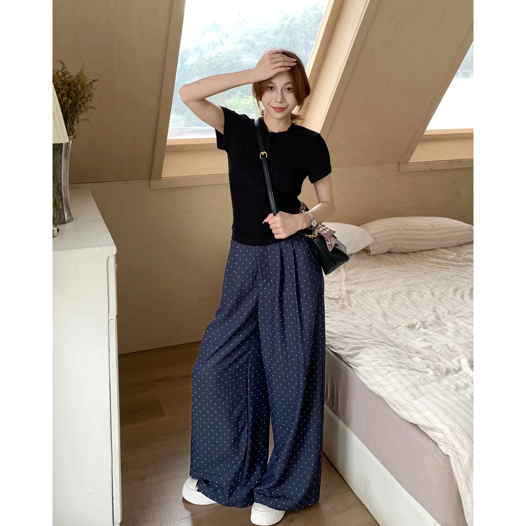 【小爽小个子】夏季新款休闲百搭后松紧波点高腰休闲裤-8232