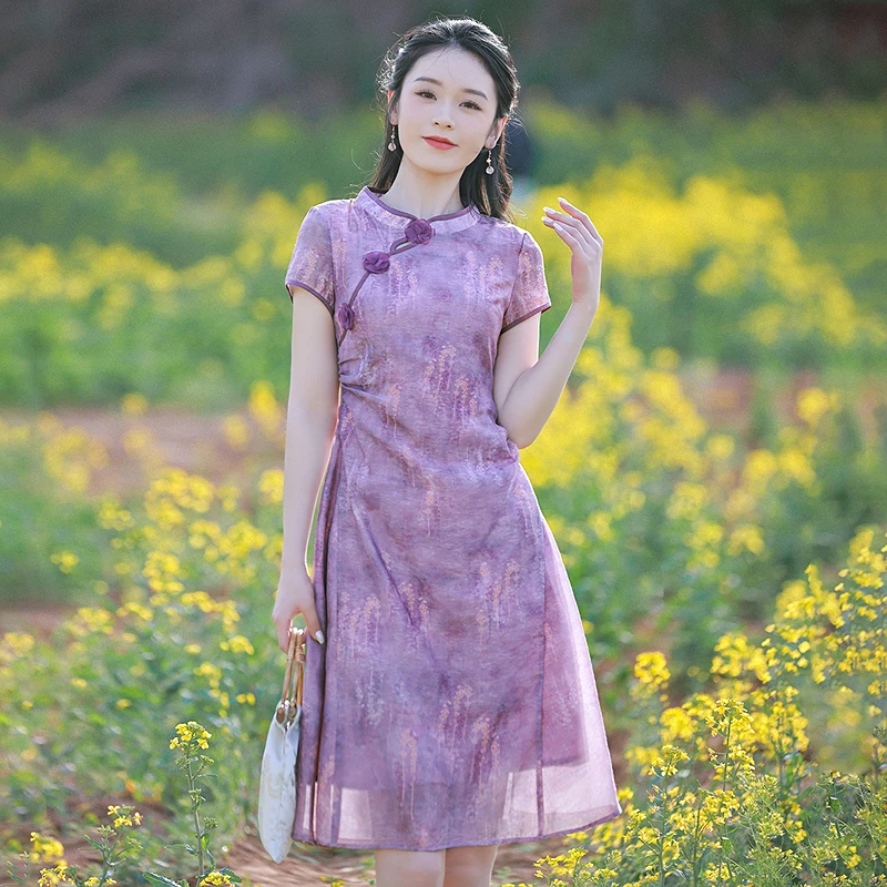 烟花烫紫色国风改良旗袍女夏季气质收腰显瘦新中式连衣裙 彩菲
