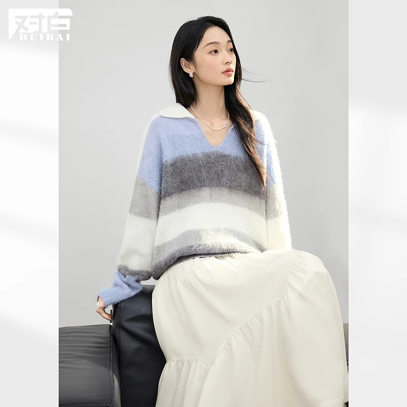 【对白】D01对白北欧风慵懒套头条纹毛衣绵羊毛宽松针织衫FDE106