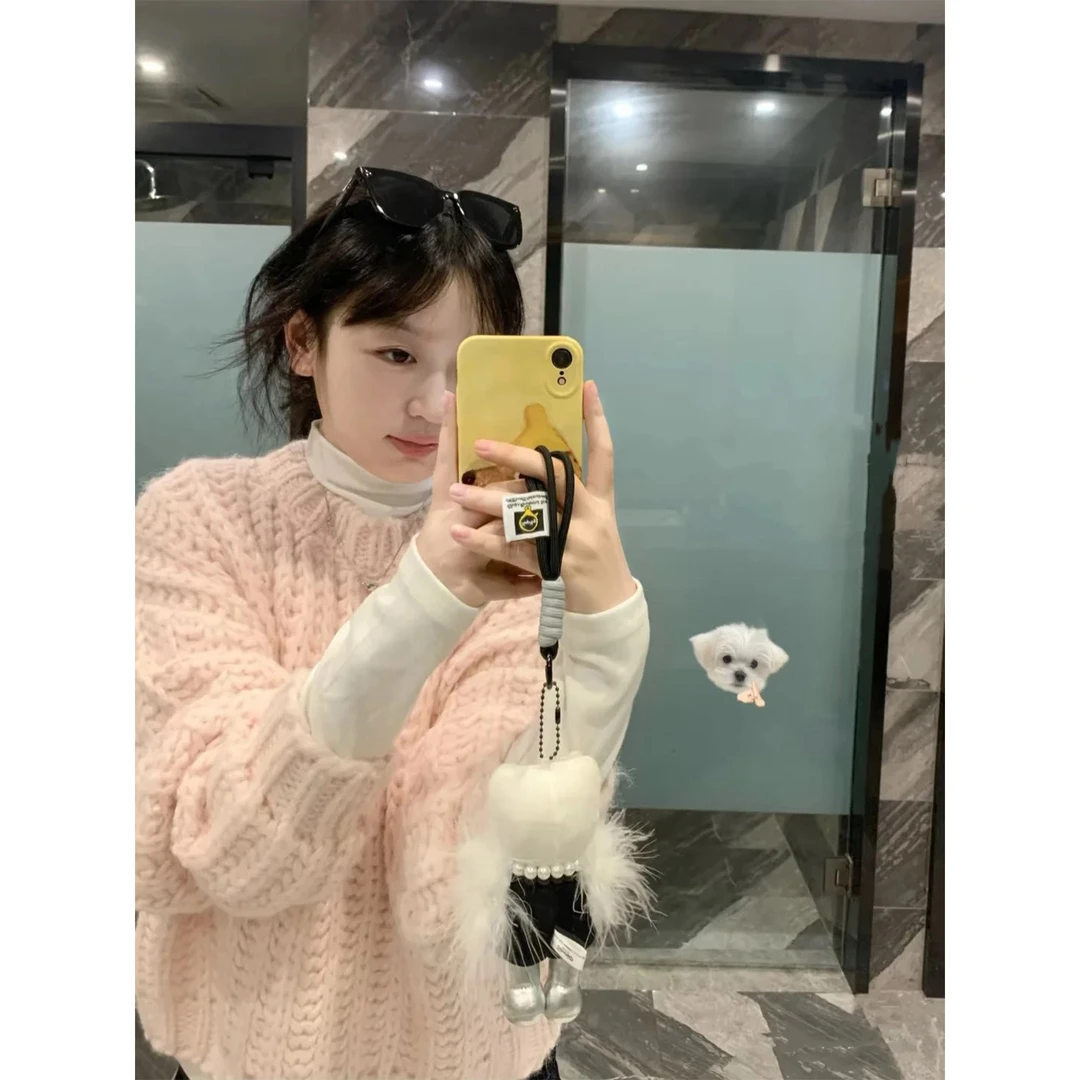 秋冬新款少女粉慵懒风上衣粗线套头毛衣气质韩版宽松加厚针织衫女