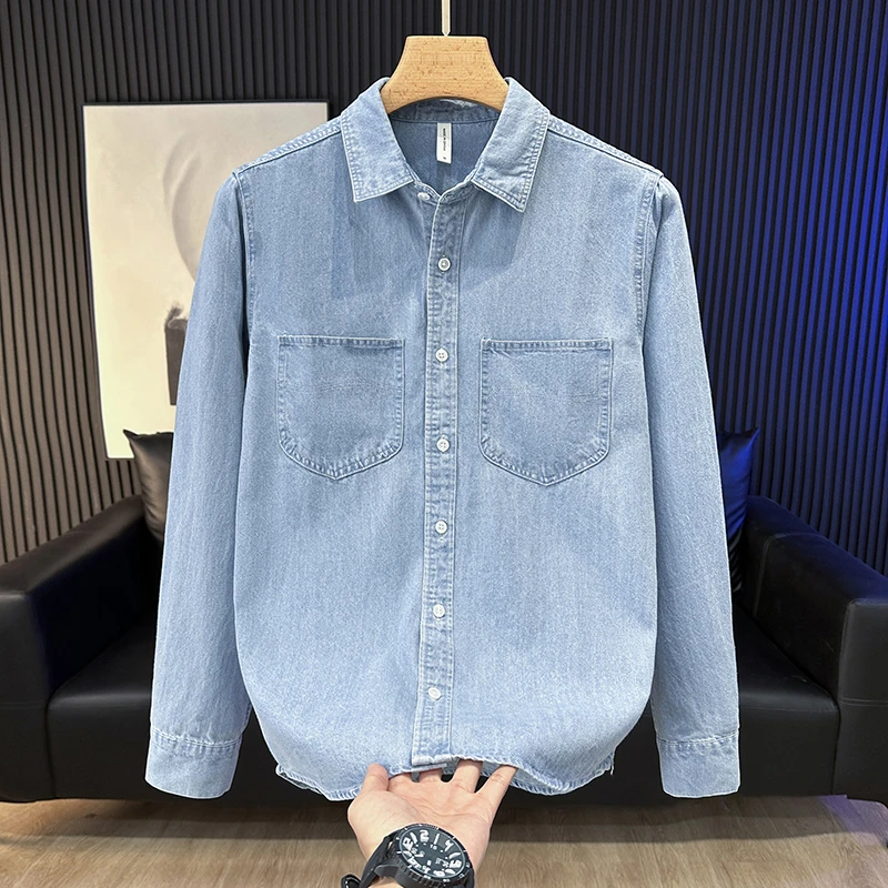 春秋季新款牛仔长袖衬衫男宽松休闲潮流帅气翻领日系男装衬衣外套