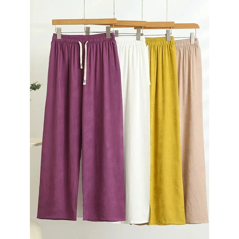 夏季新款棉绸提花斜纹直筒裤女外穿薄款休闲阔腿裤宽松防蚊空调裤