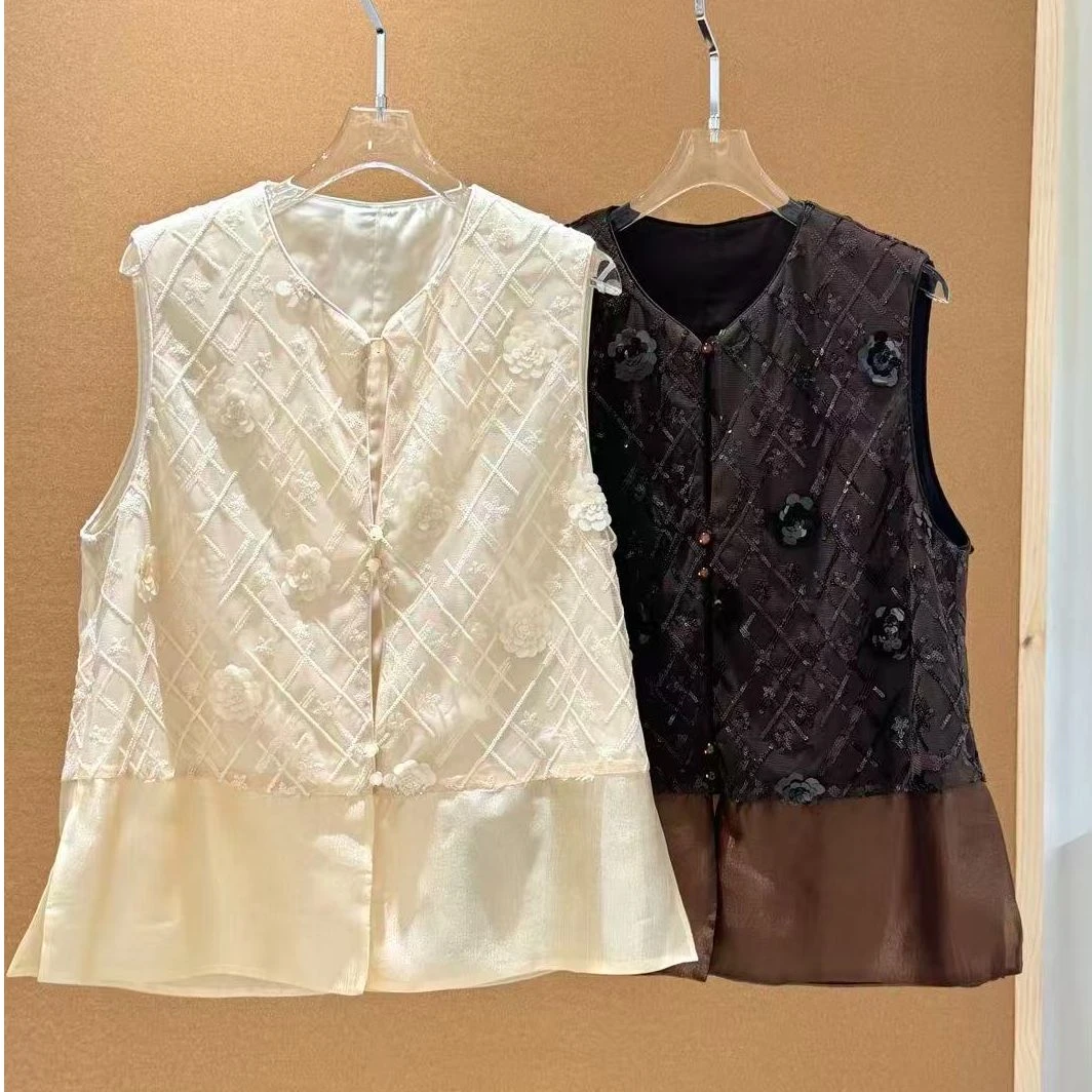 KIKI严选：250196-1-PV家南油欧货秋季拼纱珠花马甲轻奢马夹外套