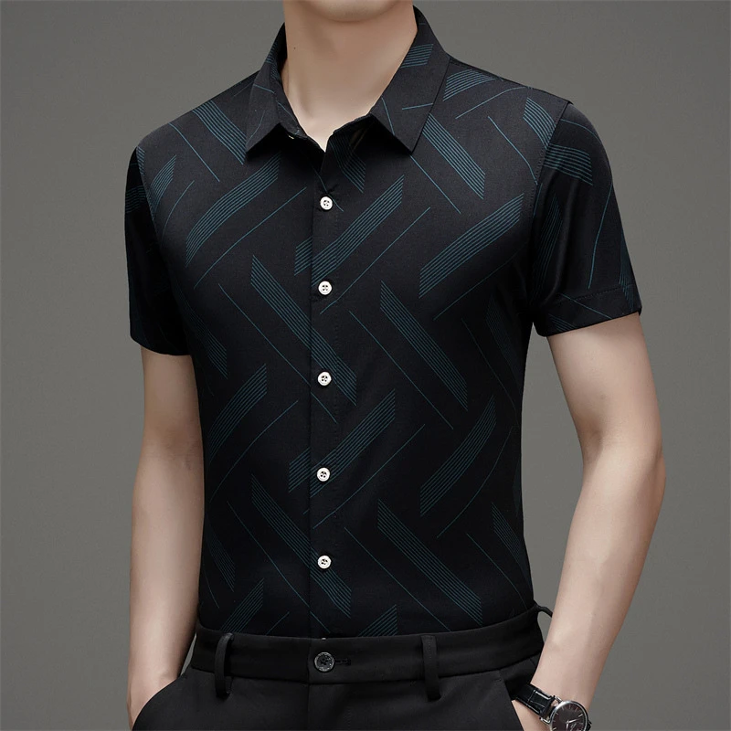 男士短袖衬衫条纹印花衬衣半袖中年男装夏季沙滩休闲装翻领爸爸