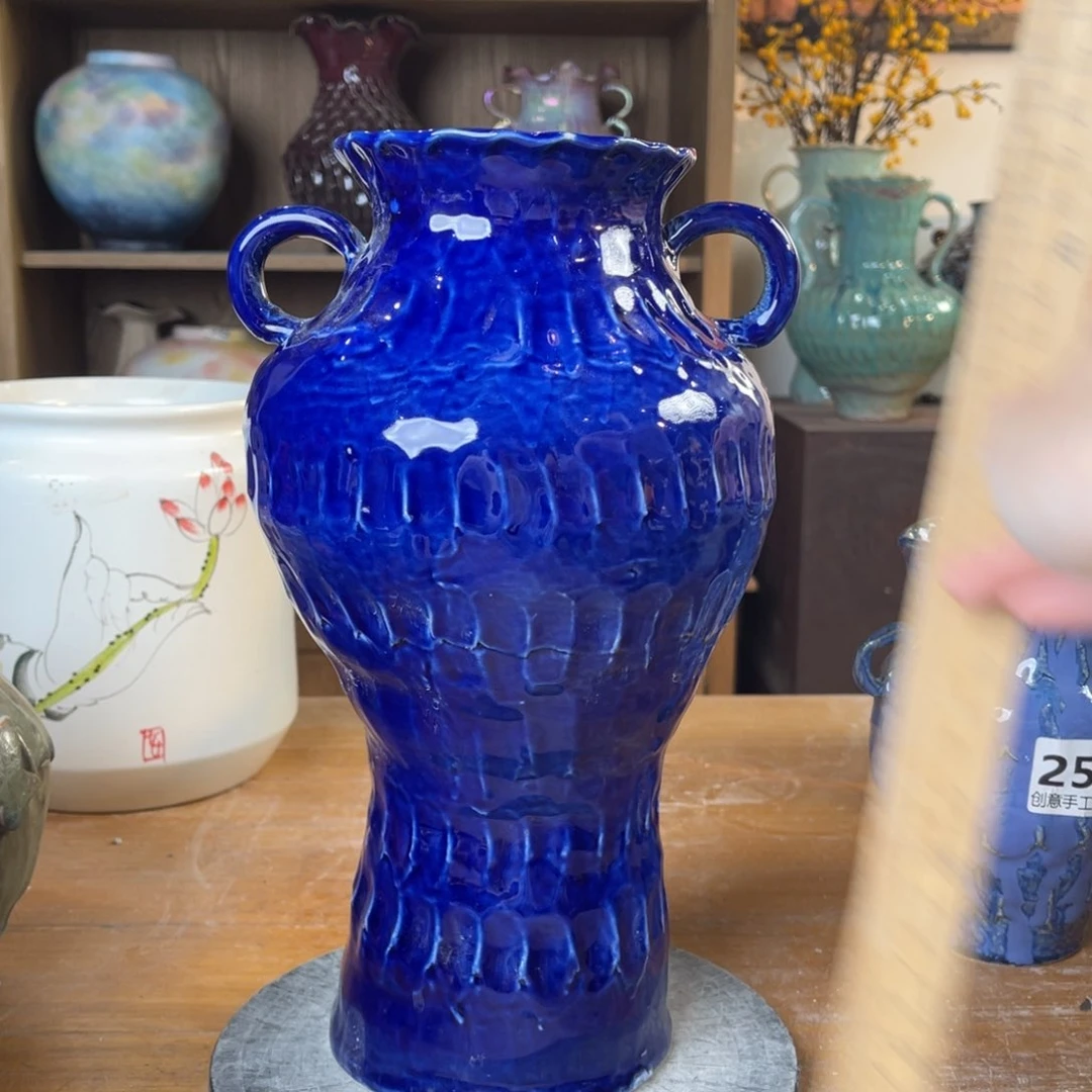 摆件陶瓷花瓶高30.5口径8盘泥微微瑕