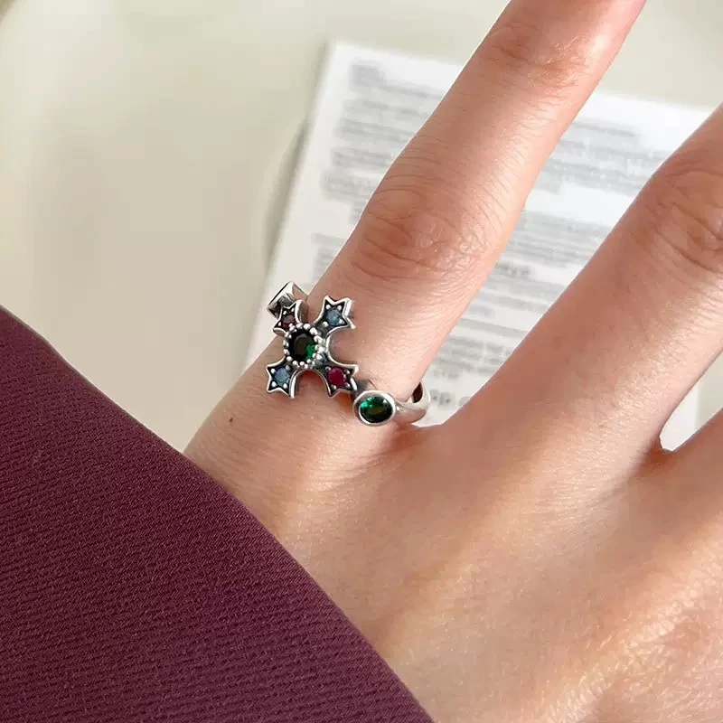 925银锆石戒指 彩色十字架克克尾戒克调节戒指无名指复古时尚ins