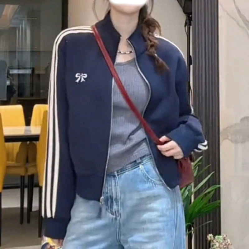 运动风ins韩版立领三条杠外套女2025秋季新款休闲百搭棒球服上衣