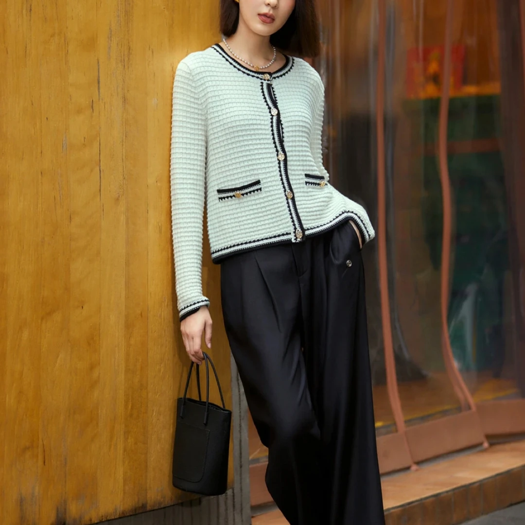巴黎初雪~百搭镂空撞色针织开衫 温柔高级感小香风外套 YE001