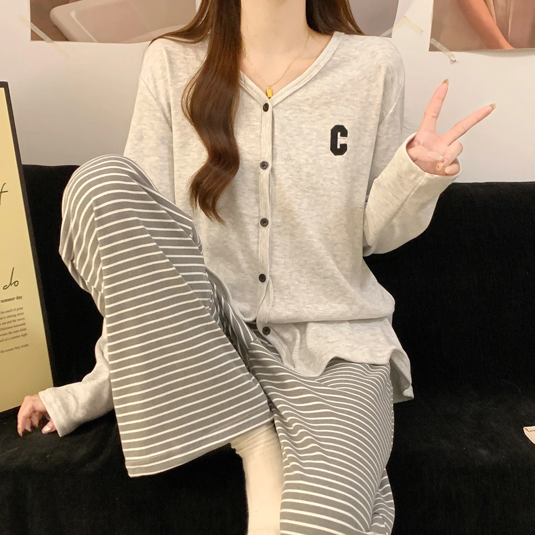 德绒睡衣女款春秋冬季韩版休闲高级感条纹浅灰开衫加厚套装家居服