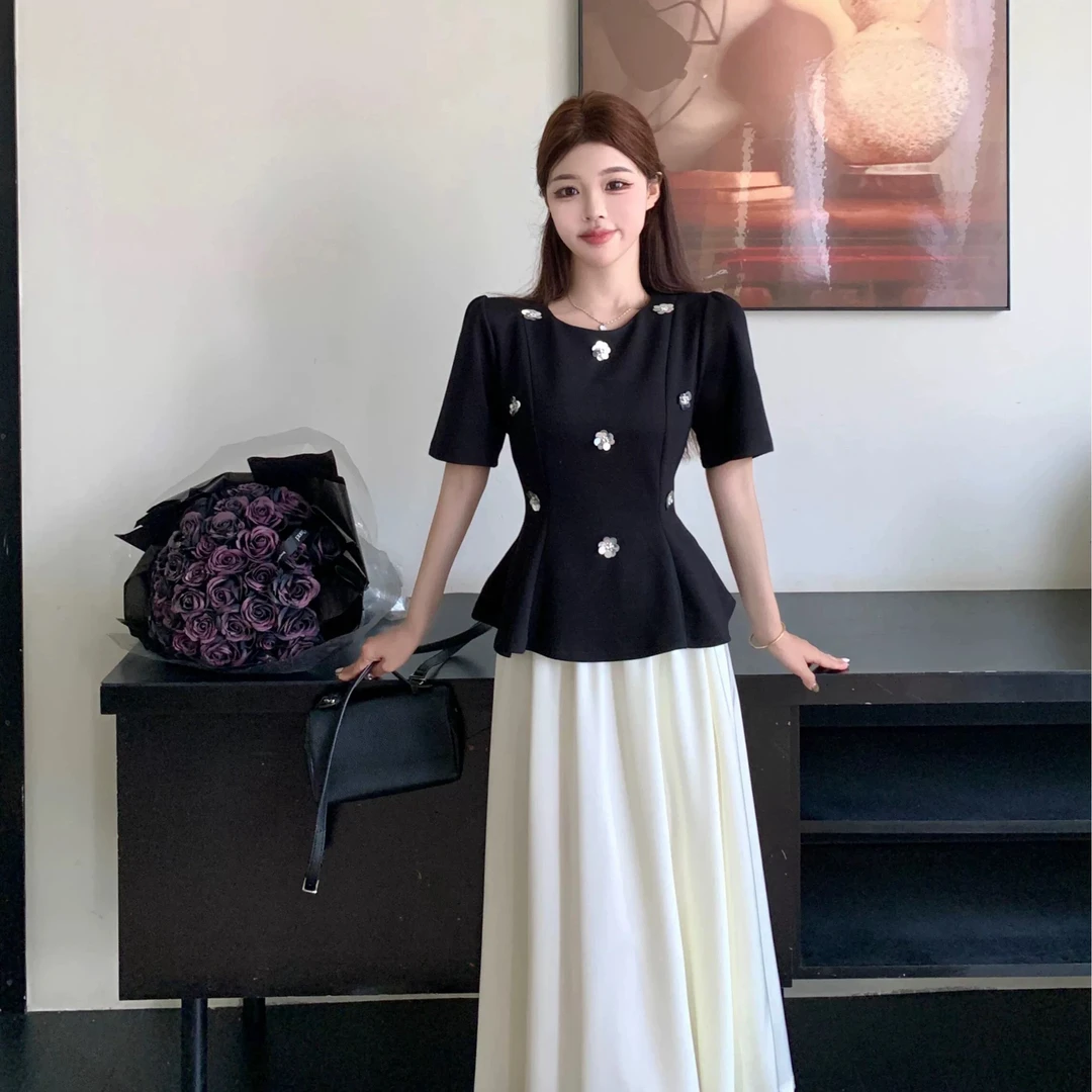677大码时尚高级感套装夏季女装短袖上衣遮肚显瘦