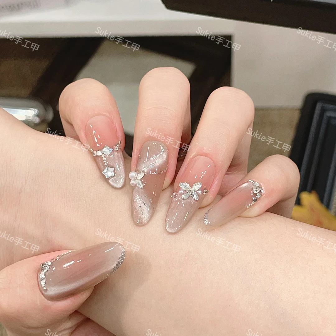 【丝雨飘带】纯手工猫眼穿戴美甲锆石钻金沙穿戴甲10片装可重复佩戴