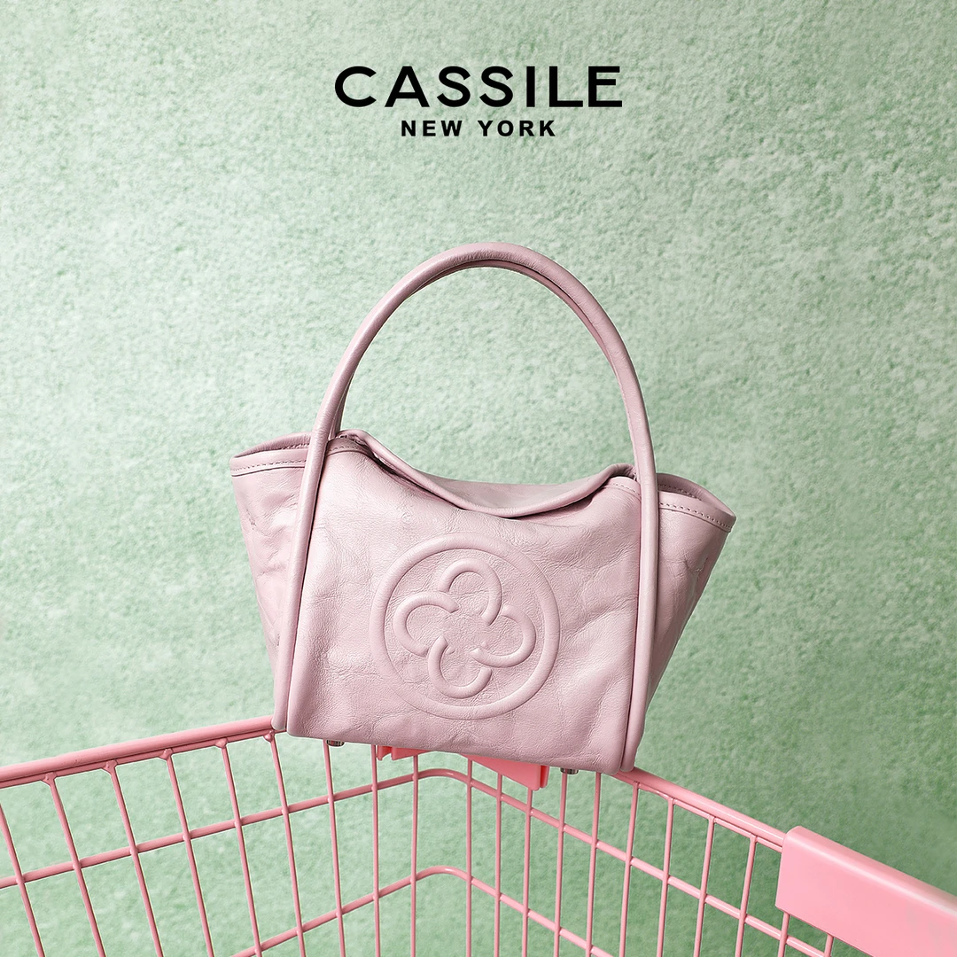 CASSILE/卡思乐天使包樱花粉意大利牛皮手提单肩菜篮子斜挎包斜挎