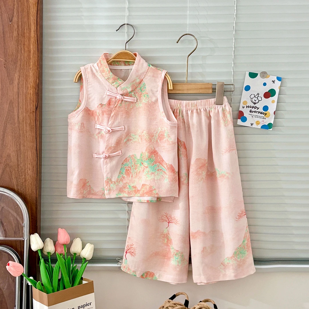 女童新国风棉绸套装夏季新款国风阔腿裤超仙夏款女孩人造棉唐装