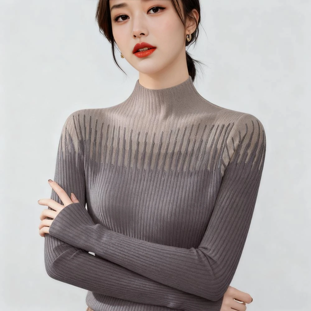 半高领长袖针织衫女秋冬2025新款小衫修身内搭毛衣蕾丝打底衫上衣