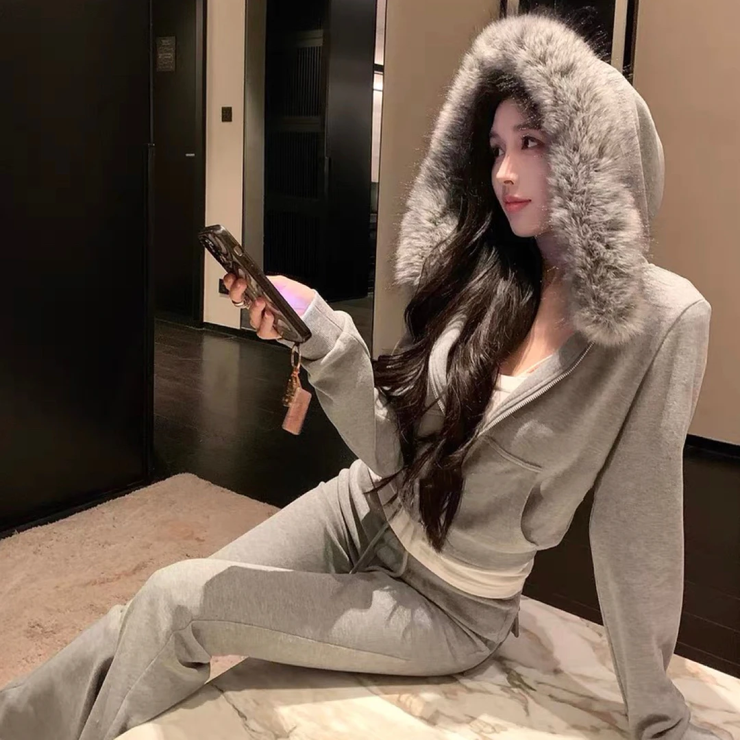 小小仟 一整套ootd秋冬穿搭套装毛领连帽外套修身显瘦休闲喇叭裤