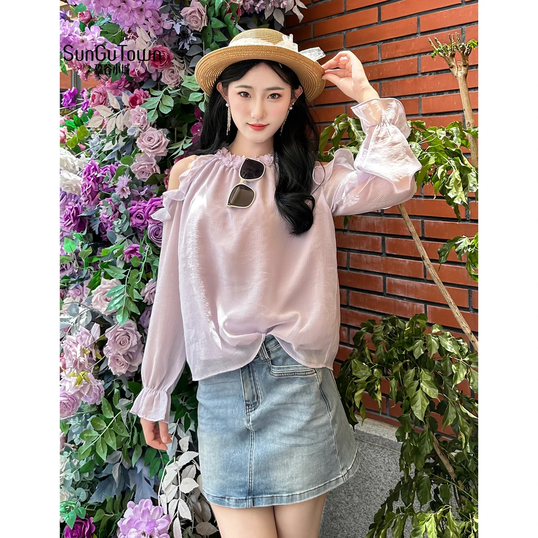 森谷小城百搭荷叶边露肩雪纺甜美小衫5BFQ-T00405