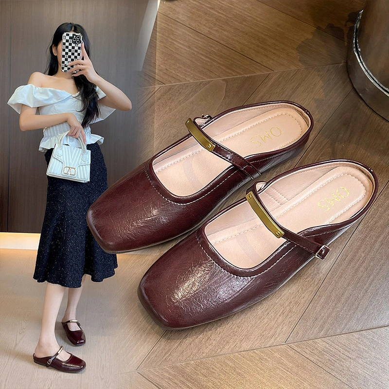 欧米诗复古优雅一字带轻便舒适套脚时尚外穿时装女拖鞋子女穆勒鞋
