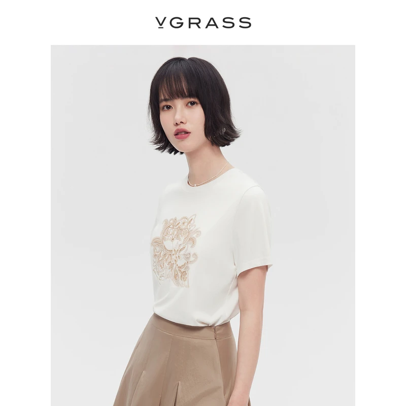 VGRASS重工绣花宽松纯棉T恤夏季新款白色短袖上衣女VST1P2198D
