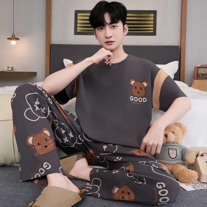 卡通熊青年睡衣男夏季短袖长裤纯棉大码宽松中大童春秋家居服套装