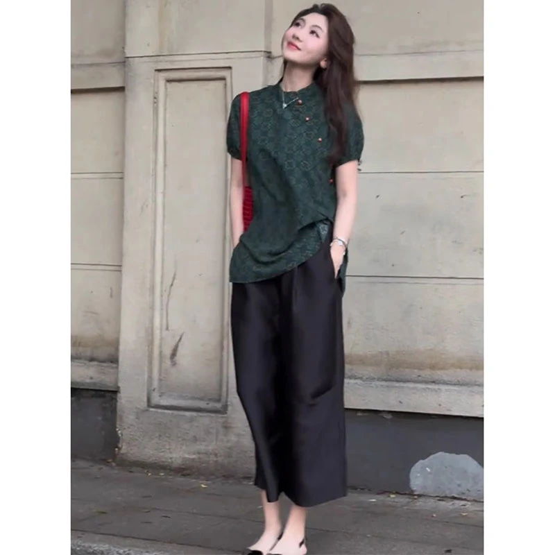 时尚两件套2025夏季新款新中式国风显瘦短袖衬衫高腰纯色阔腿裤潮