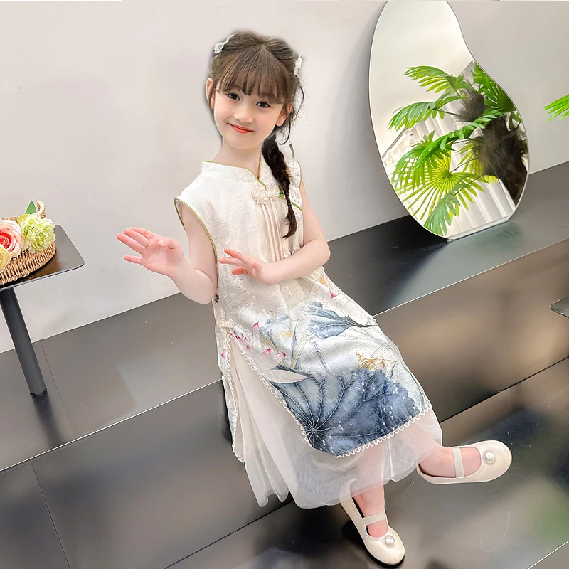 女童中式无袖旗袍裙儿童女孩宝宝国风汉服风连衣裙复古风盘扣裙子