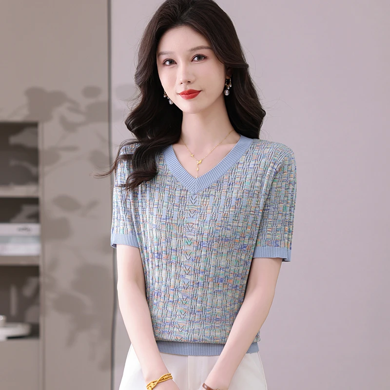 V领短袖轻奢高级感针织小衫夏季2025新款漂亮减龄短款