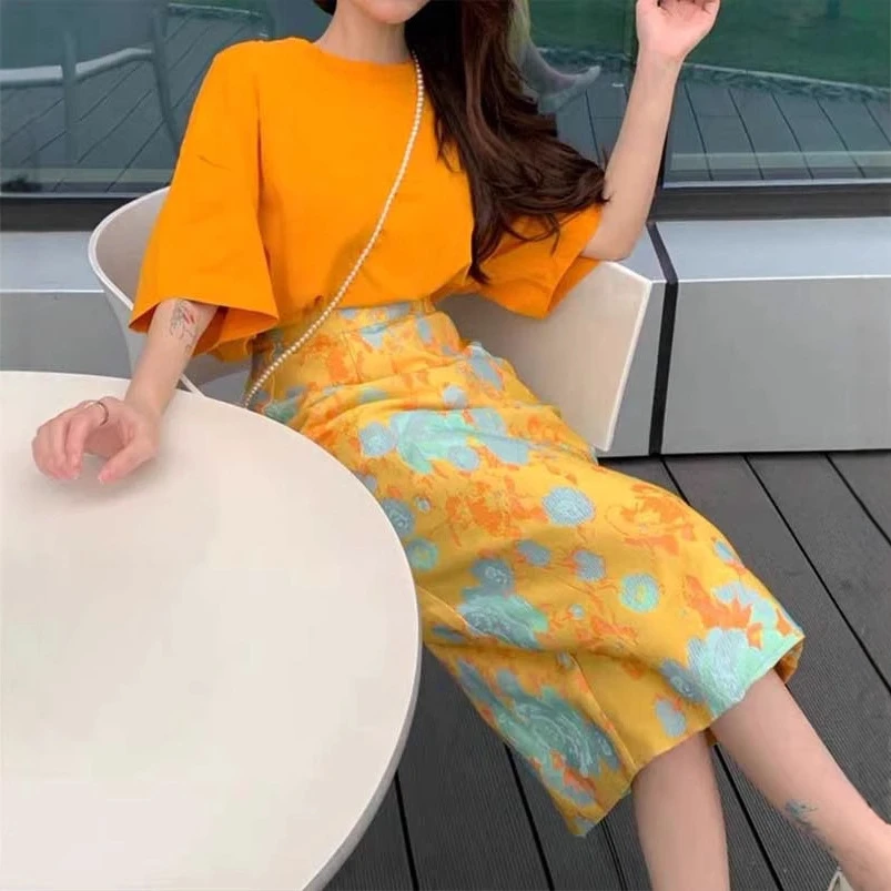 夏季提花高腰半身裙上衣和复古包臀裙过膝裙子显瘦一步裙子两件套