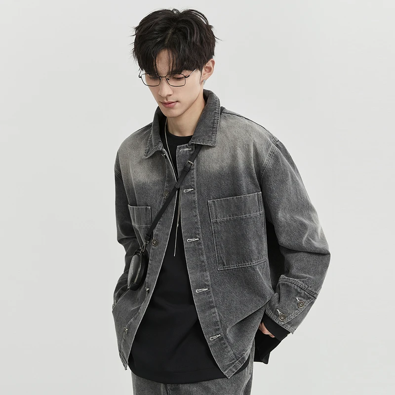 DH休闲男外套渐变水洗黑牛男士长袖牛仔百搭宽松韩版翻领B411064