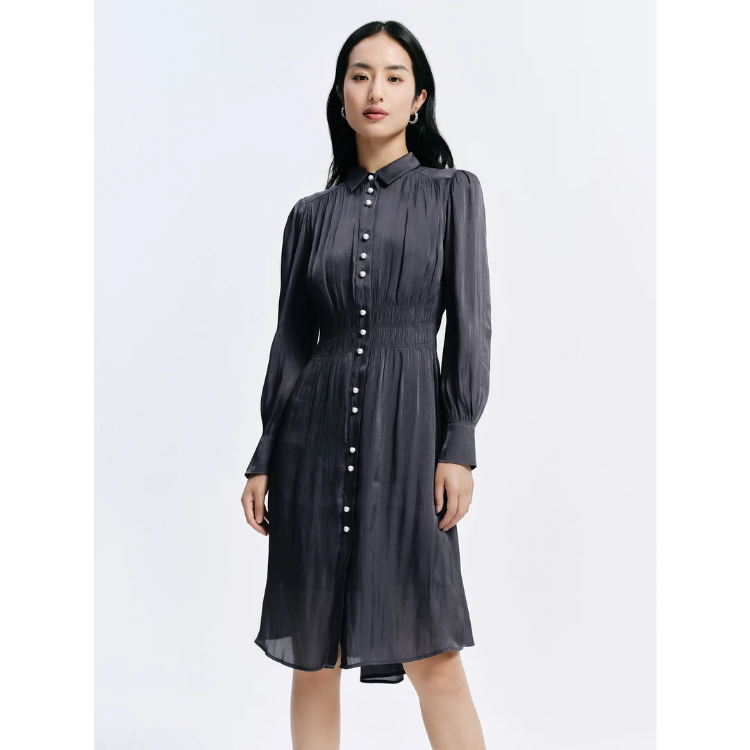 【丽公主专属】玖姿·安娜蔻JTDQ50009打揽X型珠光绉连衣裙女秋新款