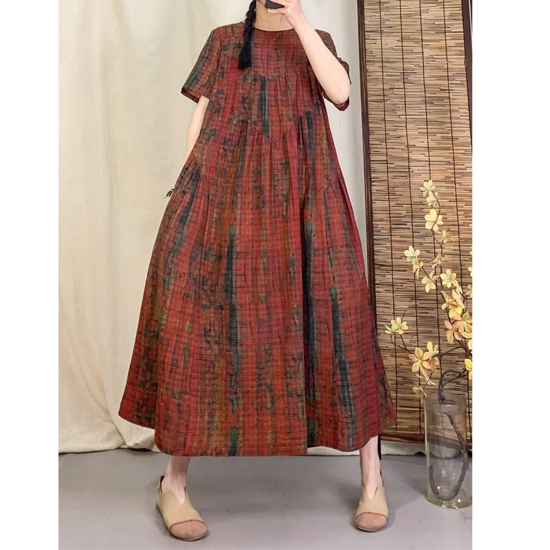 梨花灰TY--圆领夏季连衣裙复古文艺长裙时尚大码优雅民族风宽松