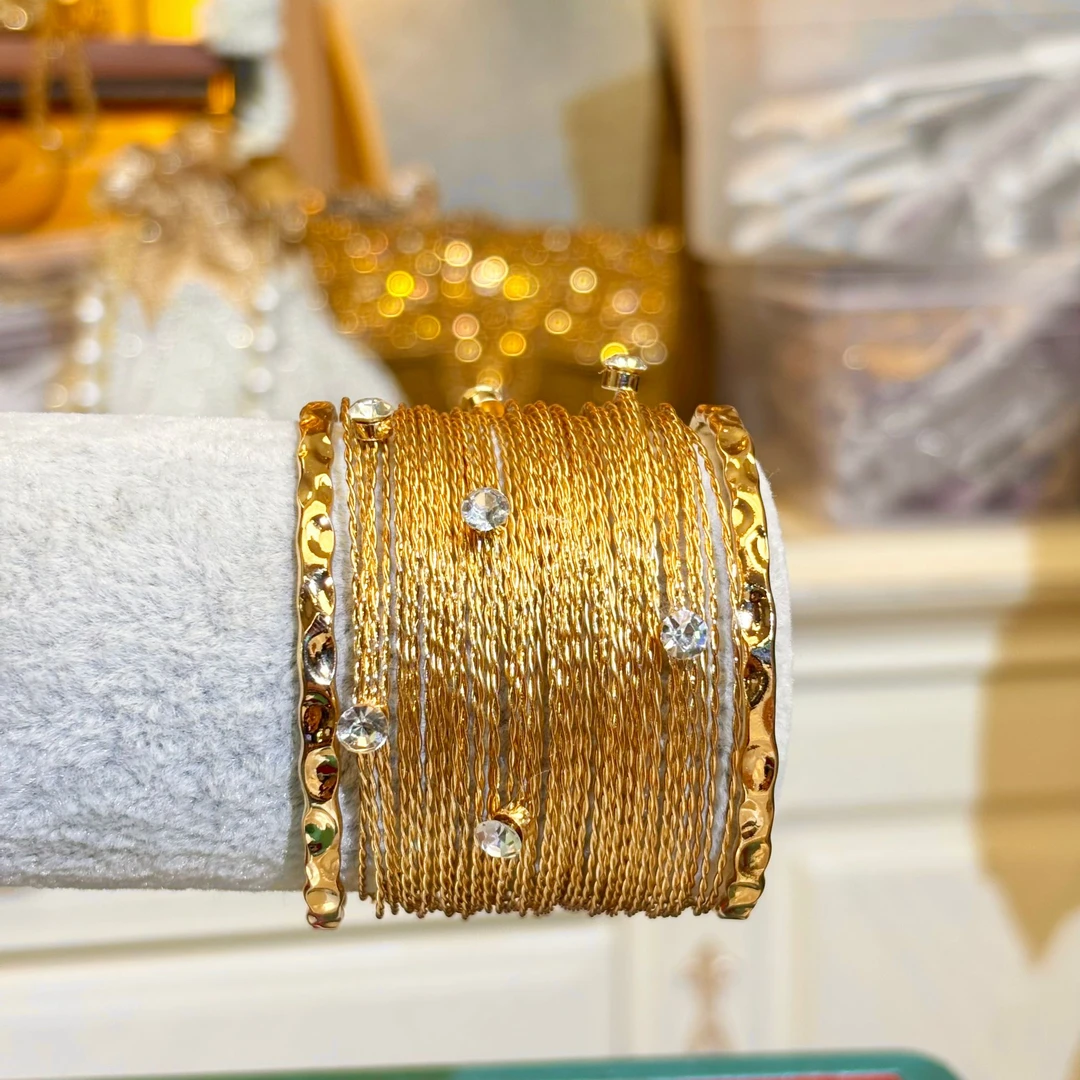 铜合金玻璃手镯 【56053】印巴时尚手镯气质百搭欧美多层重工金色