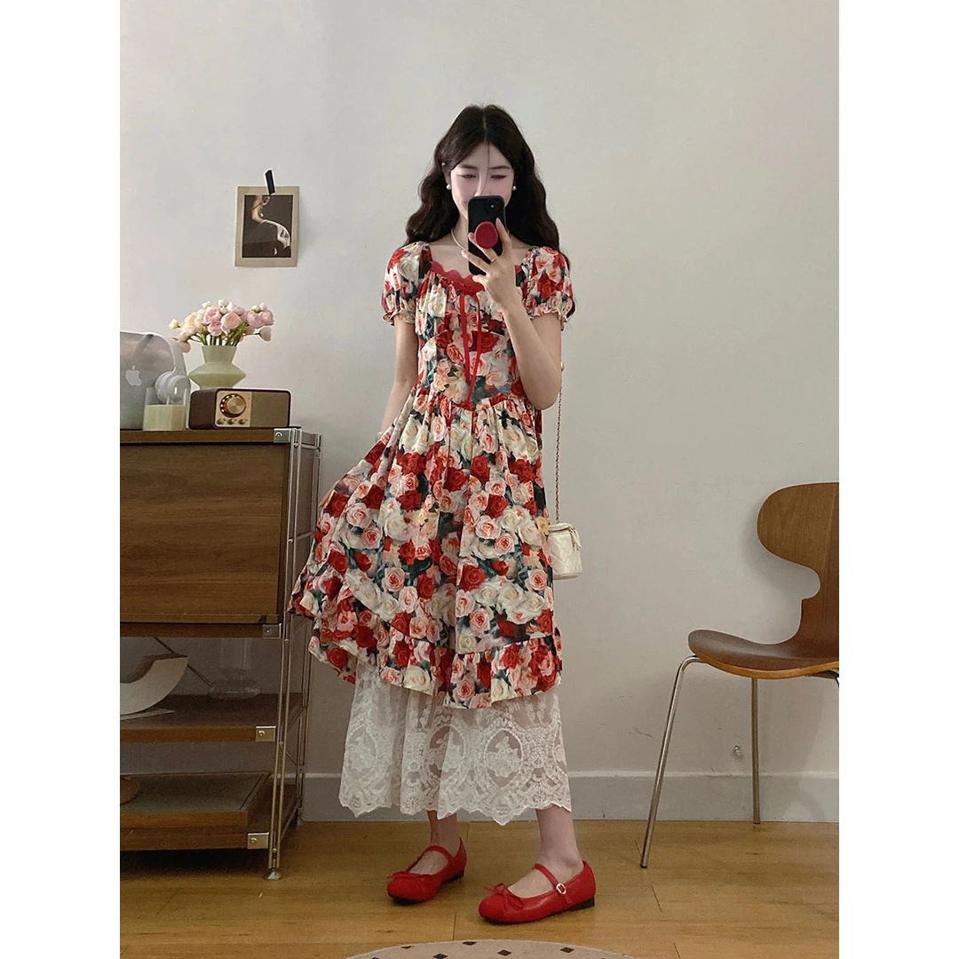 3189#大码女装复古油画风花朵印花连衣裙胖MM气质收腰长裙女