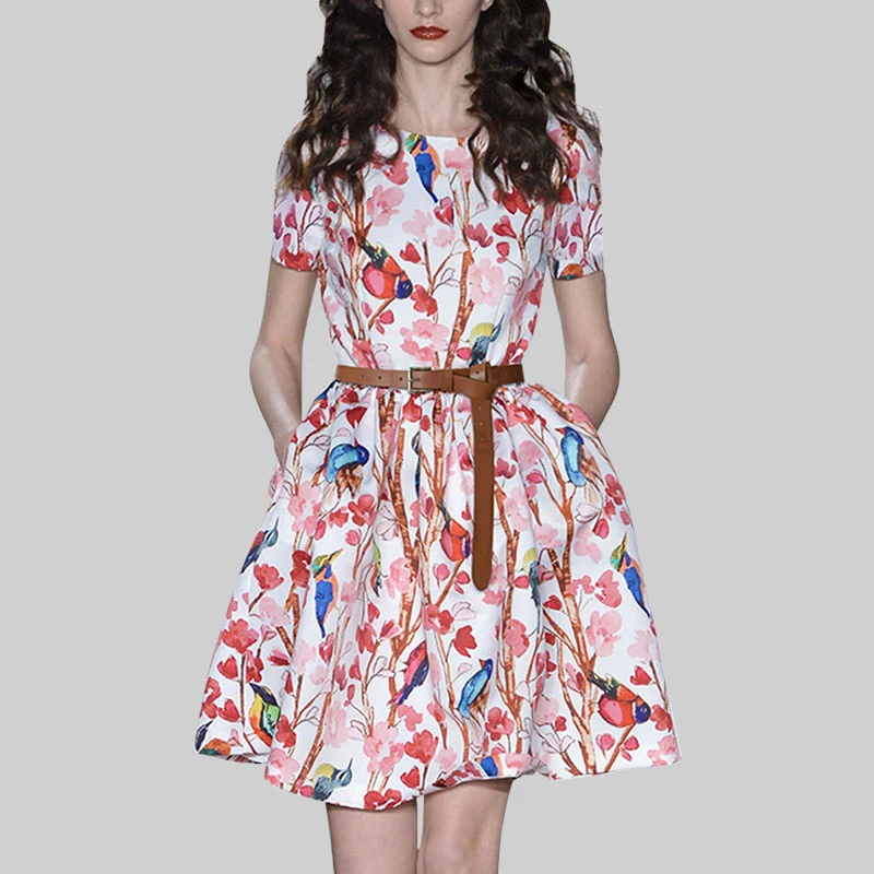 夏季短袖印花连衣裙2025新款女装欧美小众复古收腰气质名媛a字裙