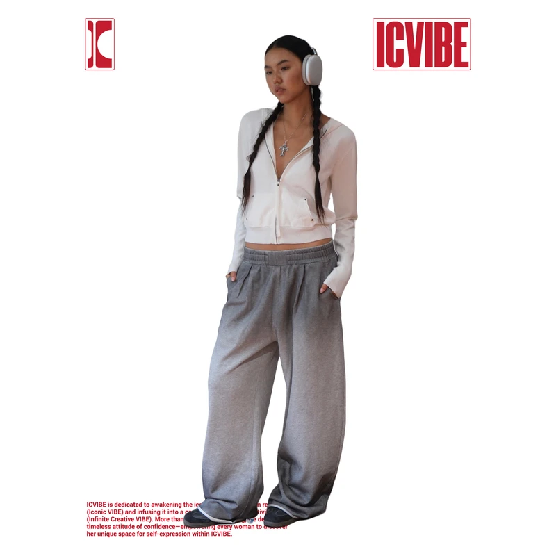 ICVIBE Chill babe·黑灰段层染 松软毛线圈慵懒宽松卫裤