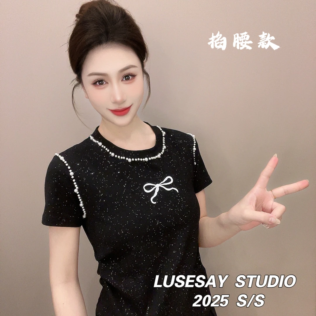 LUSESAY 钉珠满印细闪蝴蝶结 夏季2025新款短袖t恤女百搭掐腰上衣