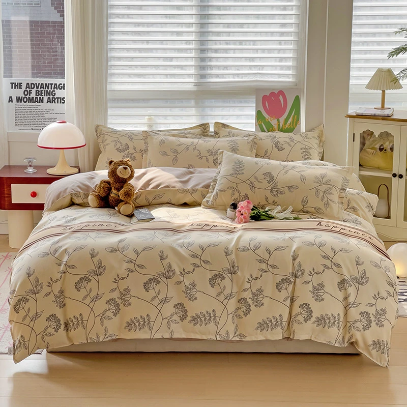 四季通用斜纹四件套小清新亲肤磨毛印花被罩单学生宿舍三件套