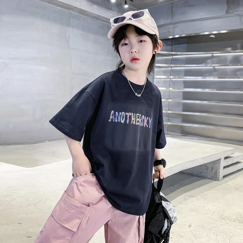 男大童夏季韩范复古重工短袖T恤2025新款儿童装夏装半袖冰感上衣